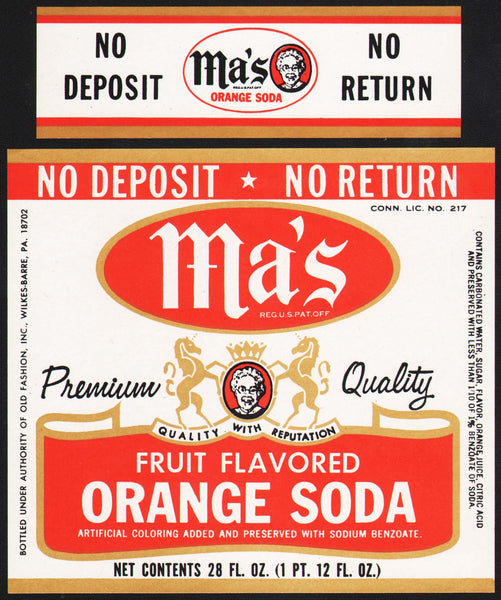 Vintage soda pop bottle label MAs ORANGE SODA Wilkes Barre Pa unused n-mint+