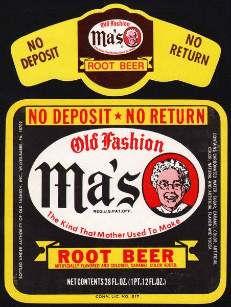 Vintage soda pop bottle label MAs OLD FASHION ROOT BEER 28oz Wilkes Barre PA
