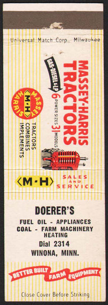 Vintage matchbook cover MASSEY HARRIS M-H tractor pictured Doerers Winona Minnesota