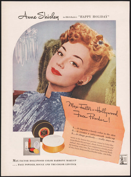 Vintage magazine ad MAX FACTOR HOLLYWOOD make up 1944 Anne Shirley Happy Holiday