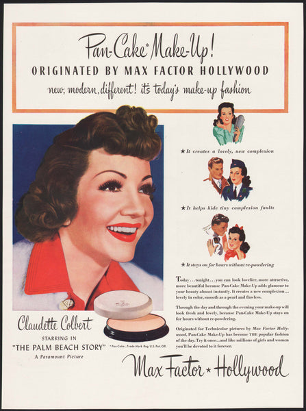 Vintage magazine ad MAX FACTOR HOLLYWOOD 1942 Claudette Colbert Palm Beach Story