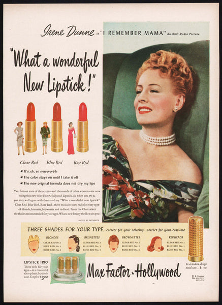 Vintage magazine ad MAX FACTOR HOLLYWOOD lipstick from 1947 Irene Dunne pictured