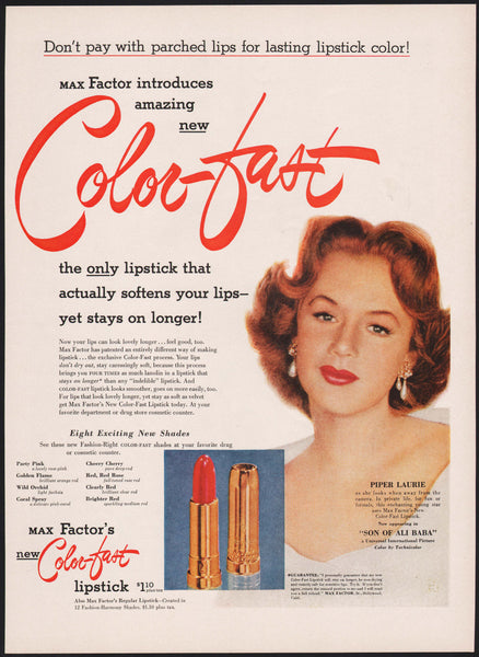 Vintage magazine ad MAX FACTOR Color Fast Lipstick 1952 picturing Piper Laurie