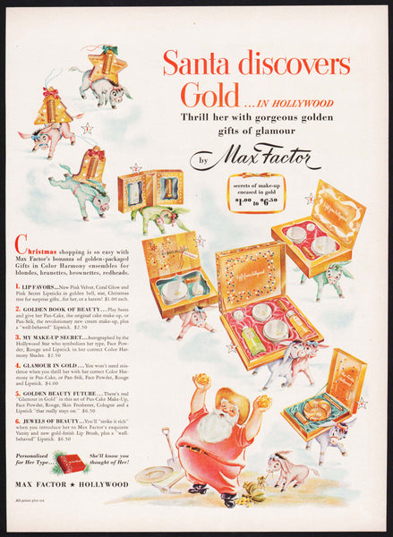 Vintage magazine ad MAX FACTOR HOLLYWOOD make up from 1949 Santa Claus pictured