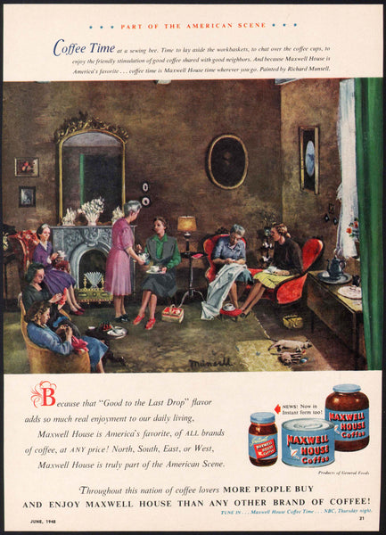 Vintage magazine ad MAXWELL HOUSE COFFEE 1948 signed art of women gathering