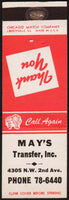 Vintage matchbook cover MAYS TRANSFER 4305 N W 2nd Ave Phone 78-6440