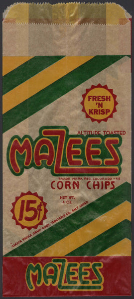Vintage bag MAZEES CORN CHIPS Altitude Toasted Denver Colorado dated 1949 n-mint