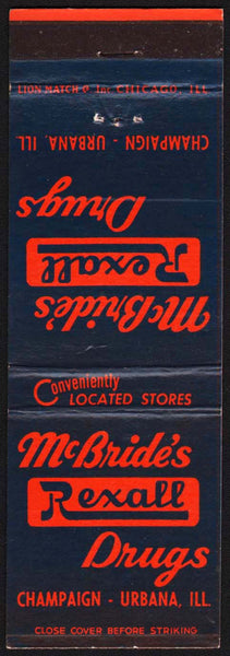 Vintage matchbook cover McBRIDES REXALL DRUGS Champaign and Urbana Illinois