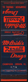 Vintage matchbook cover McBRIDES REXALL DRUGS Champaign and Urbana Illinois