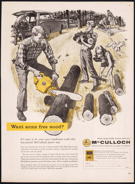 Vintage magazine ad McCULLOCH Power Chain Saws from 1954 family cutting wood