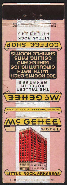 Vintage matchbook cover Mc GEHEE HOTEL old hotel pictured Little Rock Arkansas