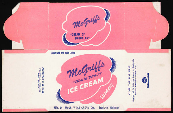 Vintage box McGRIFFS ICE CREAM 1948 Brooklyn Michigan unused new old stock n-mint