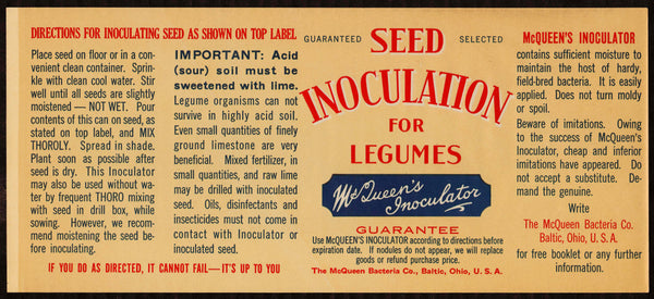 Vintage label McQUEENS SEED INOCULATOR for Legumes Baltic Ohio unused n-mint+