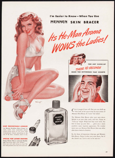Vintage magazine ad MENNEN SKIN BRACER from 1946 pinup girlie by Norman Mingo