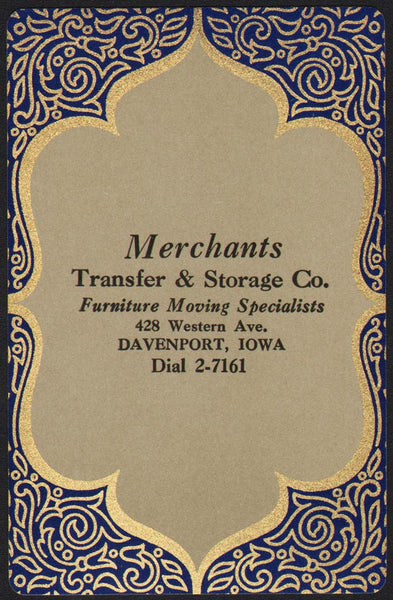 Vintage playing card MERCHANTS TRANSFER STORAGE blue background Davenport Iowa