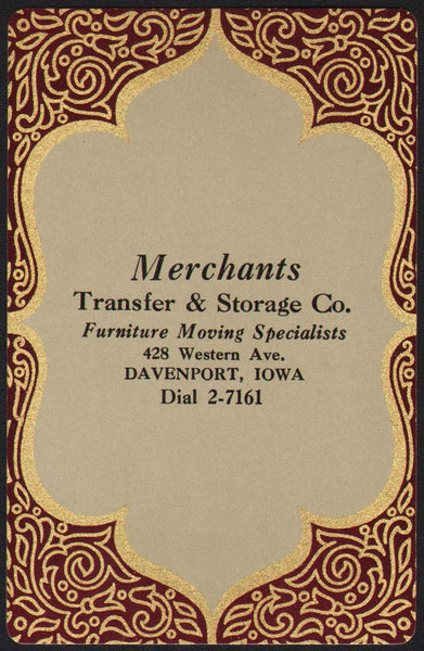 Vintage playing card MERCHANTS TRANSFER STORAGE maroon background Davenport Iowa