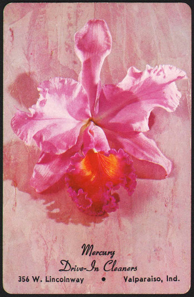 Vintage playing card MERCURY DRIVE IN CLEANERS Orchid flower Valparaiso Indiana