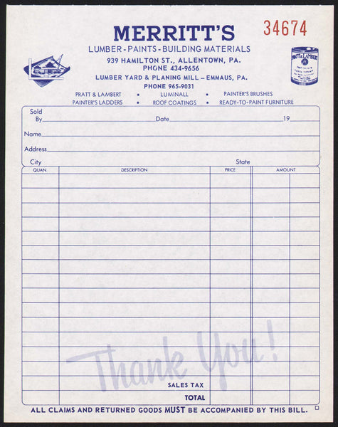 Vintage receipt PARTT and LAMBERT PAINTS Merritts Lumber Allentown Emmaus PA