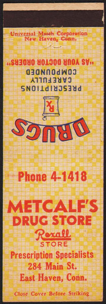 Vintage matchbook cover METCALFS DRUG STORE Rexall Store East Haven Connecticut