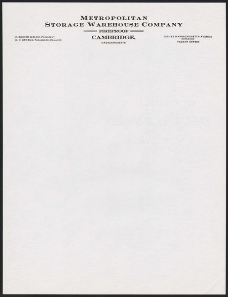 Vintage letterhead METROPOLITAN STORAGE WAREHOUSE Cambridge Massachusetts n-mint