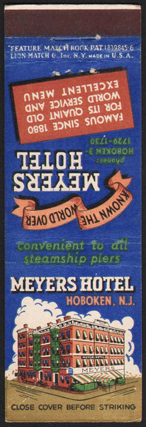 Vintage matchbook cover MEYERS HOTEL with old hotel pictured Hoboken New Jersey