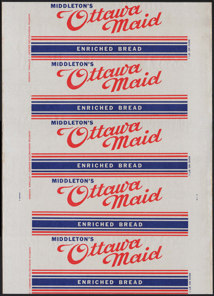 Vintage bread wrapper MIDDLETONS OTTAWA MAID Martha Washington Bakery Kansas