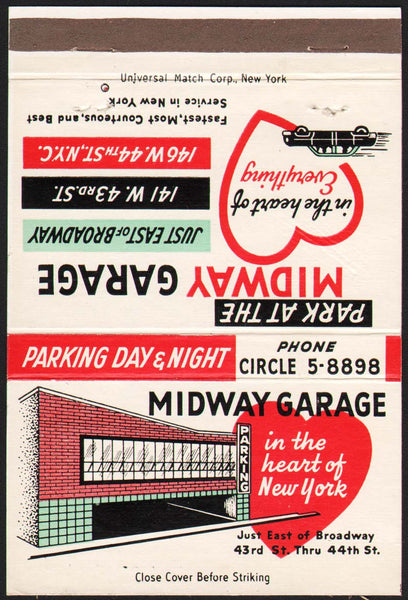 Vintage matchbook cover MIDWAY GARAGE parking in the Heart of New York Billboard