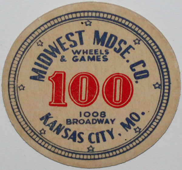 Vintage token MIDWEST MDSE CO Wheels and Games 100 Kansas City Missouri n-mint