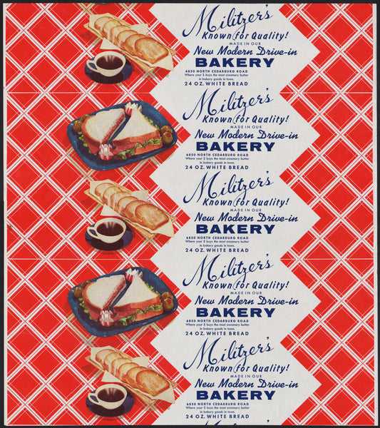 Vintage bread wrapper MILITZERS Drive In Bakery sandwiches Milwaukee Wisconsin