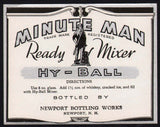 Vintage soda pop bottle label MINUTE MAN HY BALL soldier pictured Newport NH