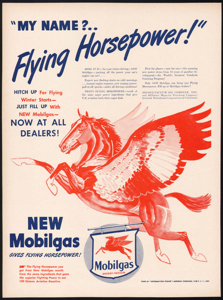 Vintage magazine ad MOBILGAS FLYING HORSEPOWER 1945 Socony Vacuum Oil Company