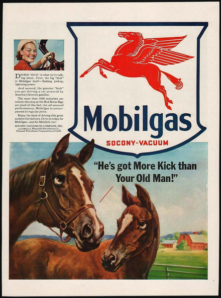 Vintage magazine ad MOBILGAS 1941 Mobil gas oil Pegasus pictured He's got More Kick