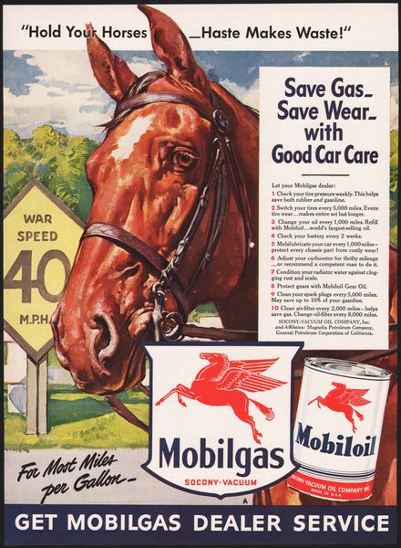 Vintage magazine ad MOBILGAS Mobiloil Hold Your Horses 1942 sign and can pictured