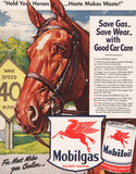 Vintage magazine ad MOBILGAS Mobiloil Hold Your Horses 1942 sign and can pictured