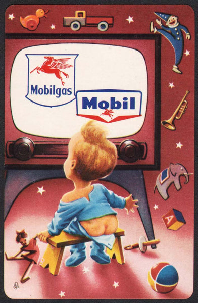 Vintage playing card MOBILGAS Mobil baby watching TV Pegasus Red Horse pictured