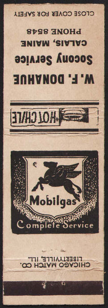 Vintage matchbook cover MOBILGAS Pegasus pictured W F Donahue Socony Calais Maine