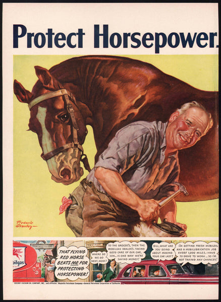 Vintage magazine ad MOBILGAS 1942 two page Frederic Stanley art man and horse