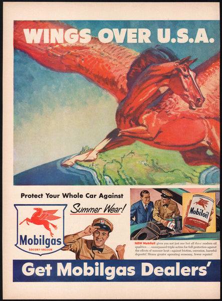 Vintage magazine ad MOBILGAS 1949 two page flying red horse Wings Over USA
