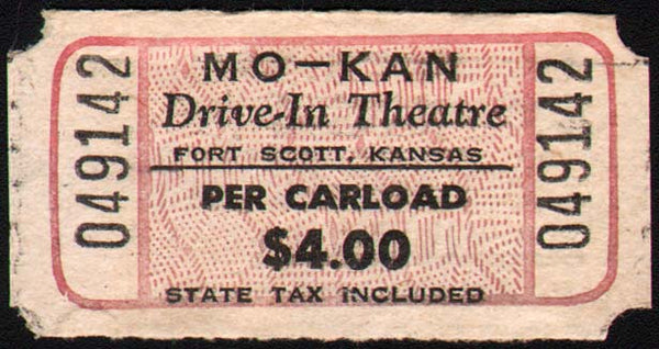 Vintage ticket MO KAN DRIVE IN THEATRE Fort Scott Kansas unused new old stock