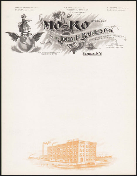 Vintage letterhead MO-KO COFFEE John Bauer girl and winged globe Elmira NY early