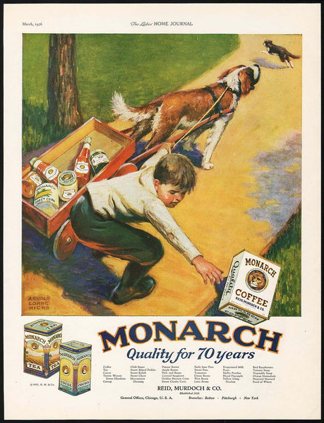 Vintage magazine ad MONARCH COFFEE TEA COCOA 1926 Arnold Lorne Hicks artwork