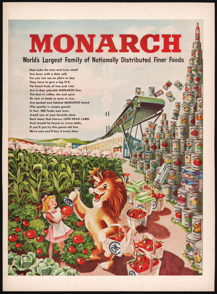 Vintage magazine ad MONARCH Foods 1948 lion and girl picking tomatoes and cans