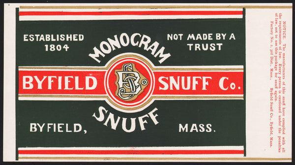 Vintage label MONOGRAM SNUFF Byfield Snuff Co Massachusetts new old stock n-mint