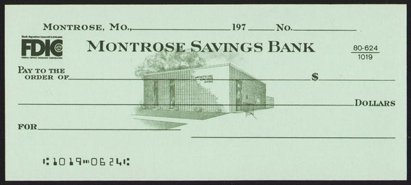 Vintage bank check MONTROSE SAVINGS BANK Missouri bank pictured new old stock n-mint+