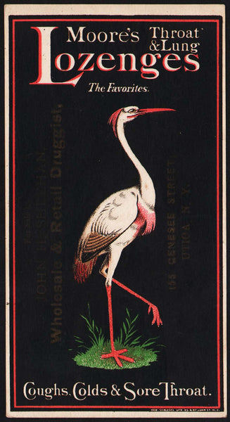 Vintage trade card MOORES LOZENGES crane pictured John Sheehan Druggist Utica NY