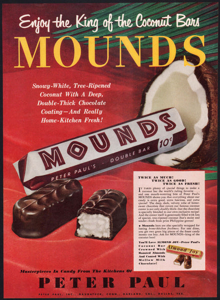 Vintage magazine ad MOUNDS from 1950 Peter Paul candy bar pictured full color