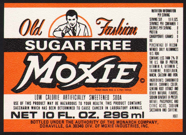 Vintage soda pop bottle label MOXIE SUGAR FREE man pointing 10oz size n-mint+