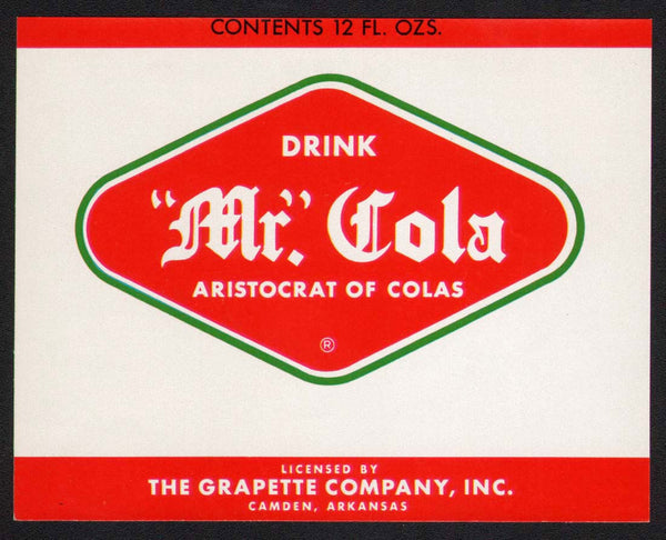 Vintage soda pop bottle label MR COLA Grapette Camden Arkansas new old stock