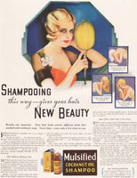 Vintage magazine ad MULSIFIED SHAMPOO from 1932 woman pictured Earl Christy art