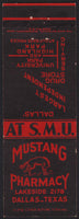 Vintage matchbook cover MUSTANG PHARMACY horse pictured SMU University Dallas Texas